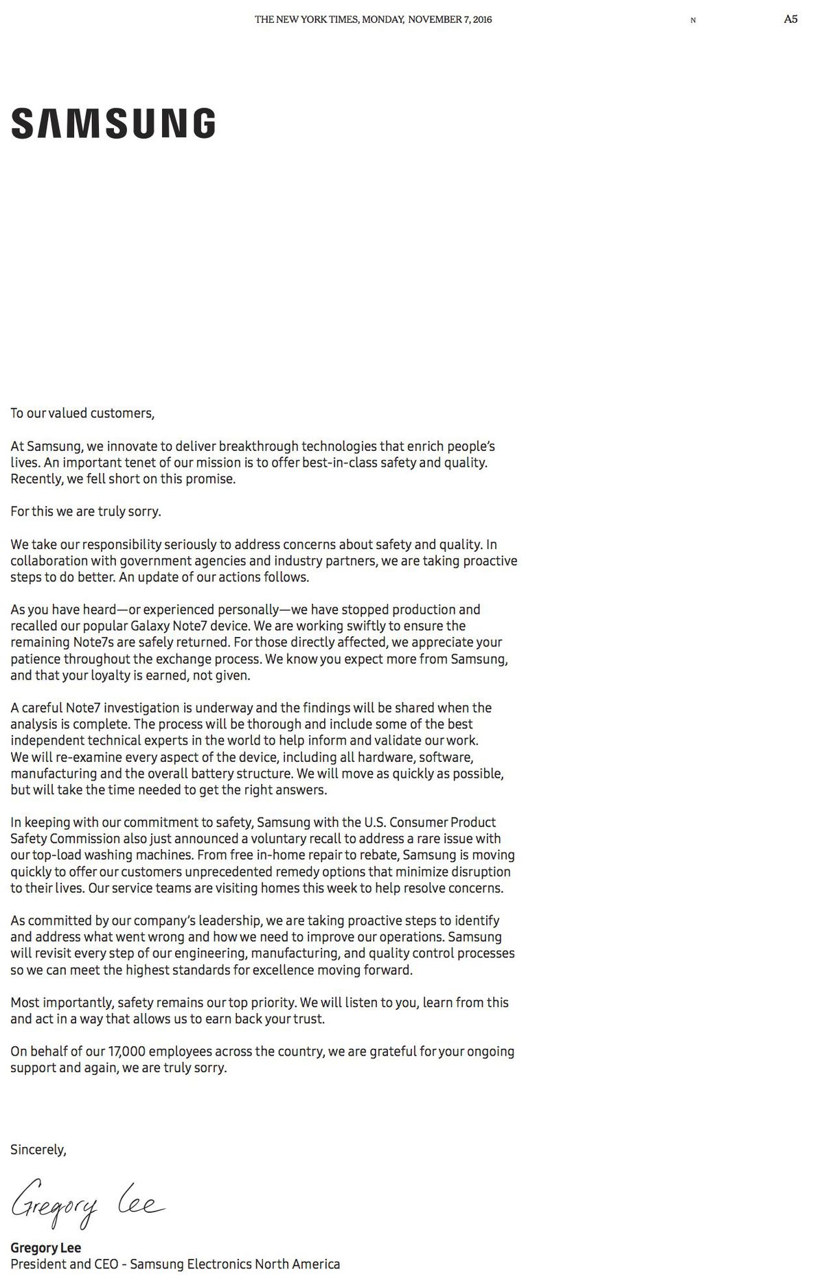 سامسونغ تنشر إعتذارا رسميّا على صفحات كبرى الجرائد الأمريكيّة بشأن